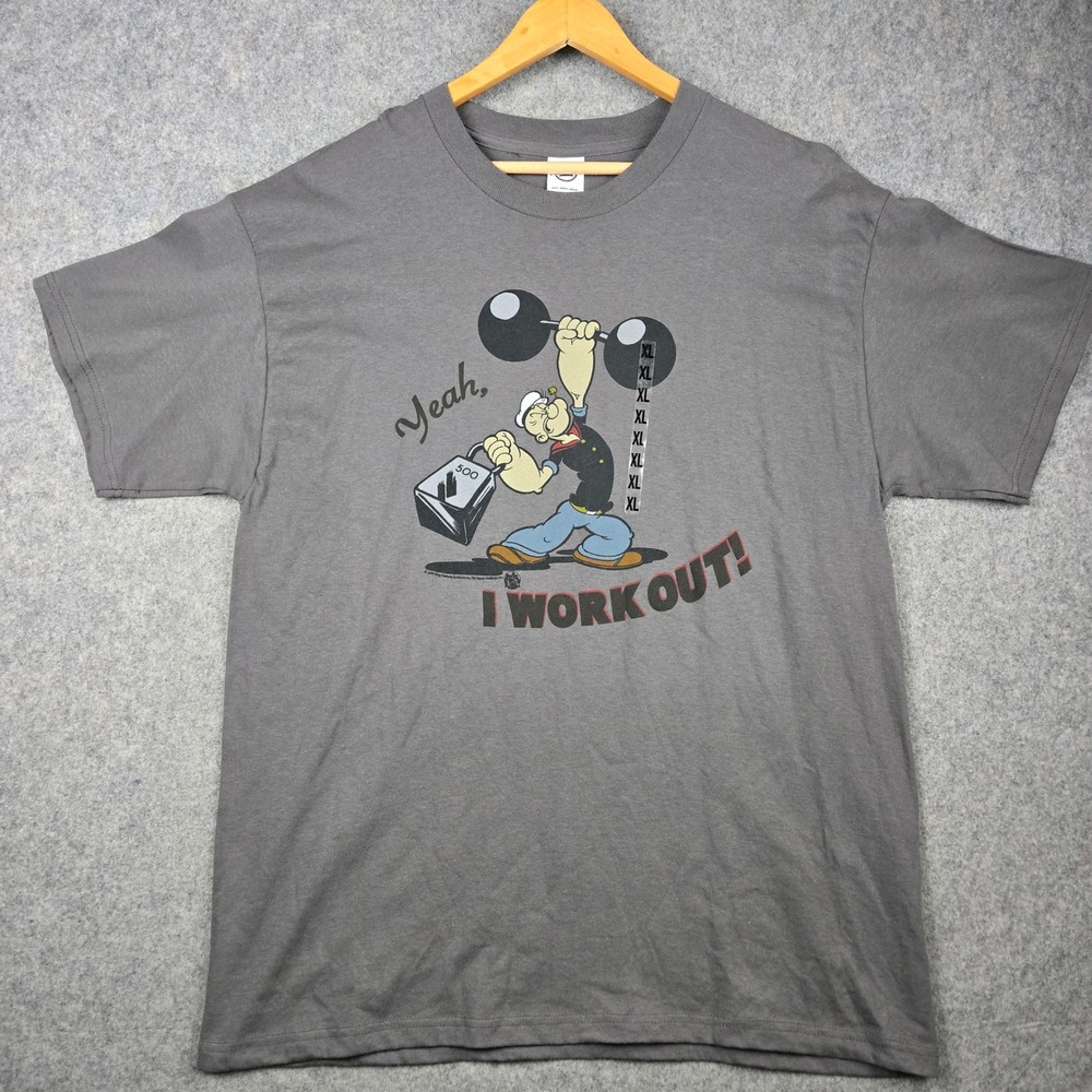 Popeye Graphic T Shirt Mens XL Gray Weightlifting 2000s Y2K Deadstock NEW